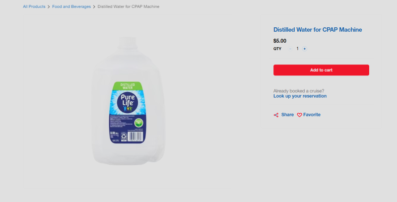 carnival distilled water purchase page for cpap