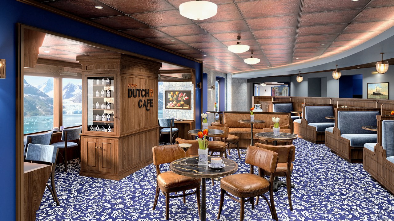 Rendering of the Grand Dutch Café on Holland America Line's Oosterdam, with leather booth seating, Delft-pattern carpet, and glacier views through the windows