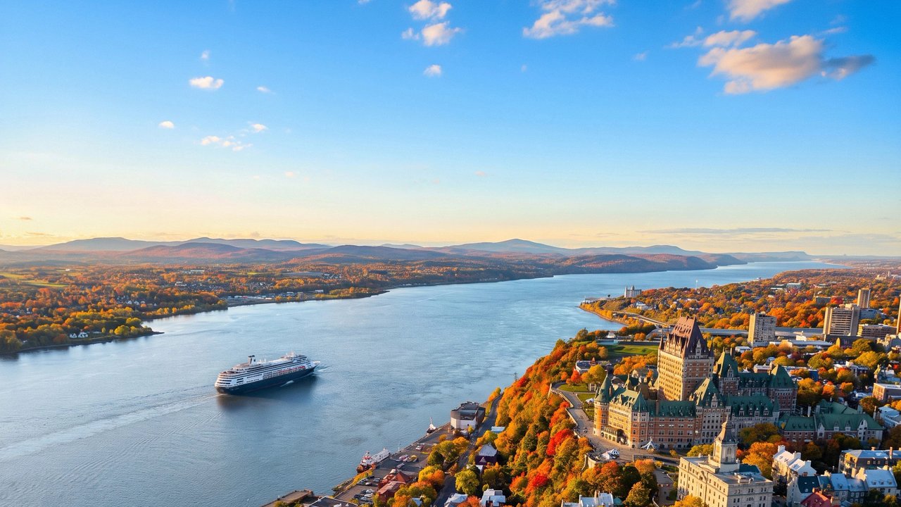 Holland America Line's Volendam sailing the St. Lawrence River past Québec City's Château Frontenac in autumn