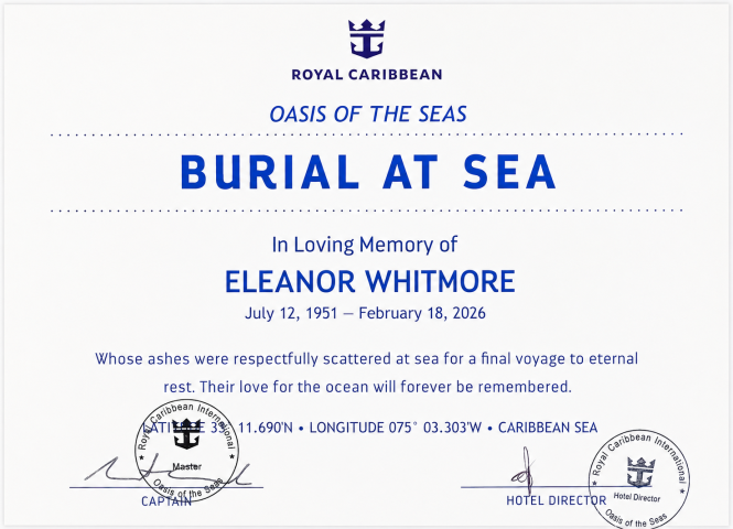 burial at sea oasis of the seas certificate 2026
