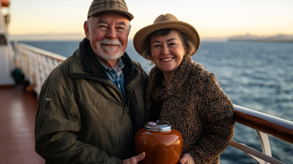 couple holding a funeral urn on a cruise ship