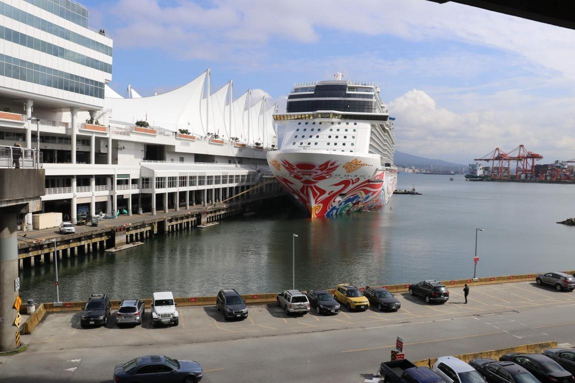 view of norwegian joy cruise ship in vancover