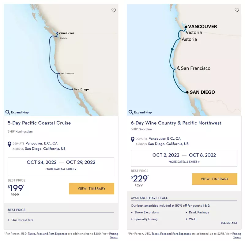 holland america line repositioning cruise itineraries from vancover to san diego